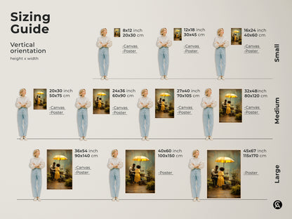 Sizing guide for romantic couple gardening art under a yellow umbrella. Sizes range from small medium and large. Each option features a boho style art a brown green nature scene. This makes a unique anniversary gift for couples. Textured wall decor brings a personal touch to any residential space.