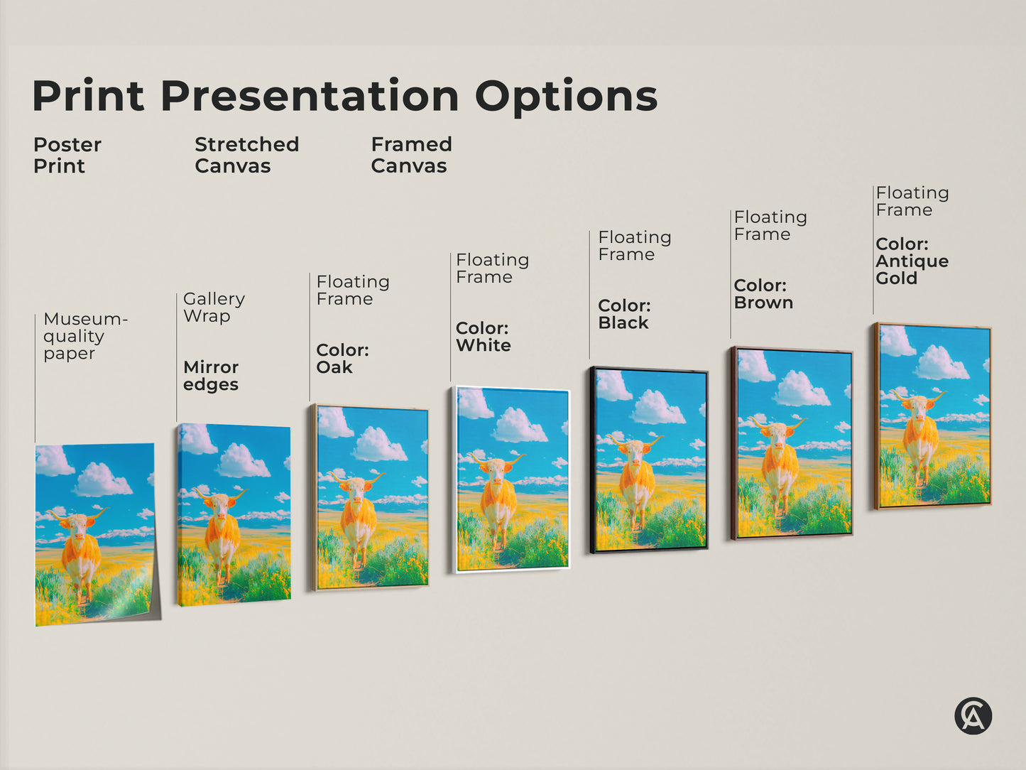 Explore print presentation options for the Longhorn cow artwork. Choose from poster prints stretched canvas and framed canvas. Customize with floating frame colors like white black brown oak and antique gold.