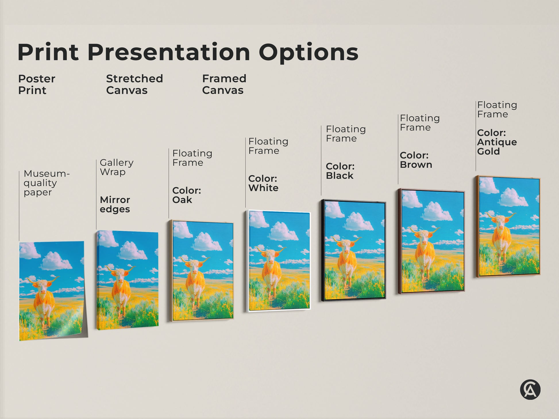 Explore print presentation options for the Longhorn cow artwork. Choose from poster prints stretched canvas and framed canvas. Customize with floating frame colors like white black brown oak and antique gold.