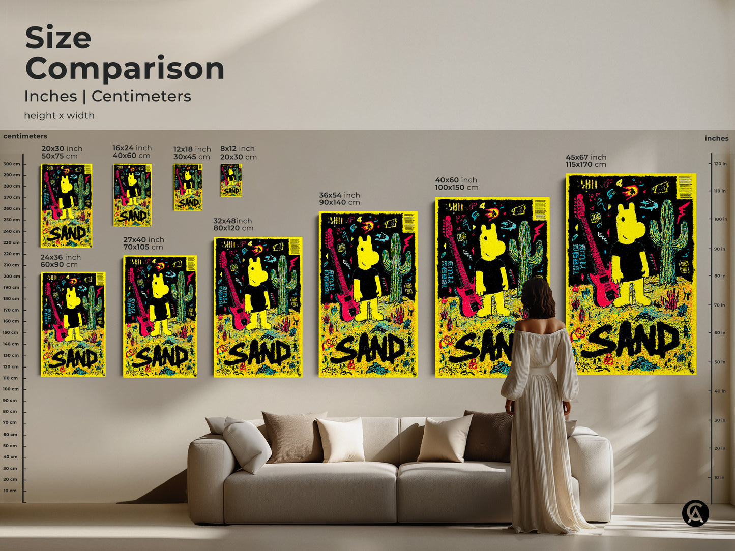 Size comparison of the SAND art print. See inches and centimeters for various sizes. This artwork is available as canvas or poster. It ranges from small to large to fit any room size.