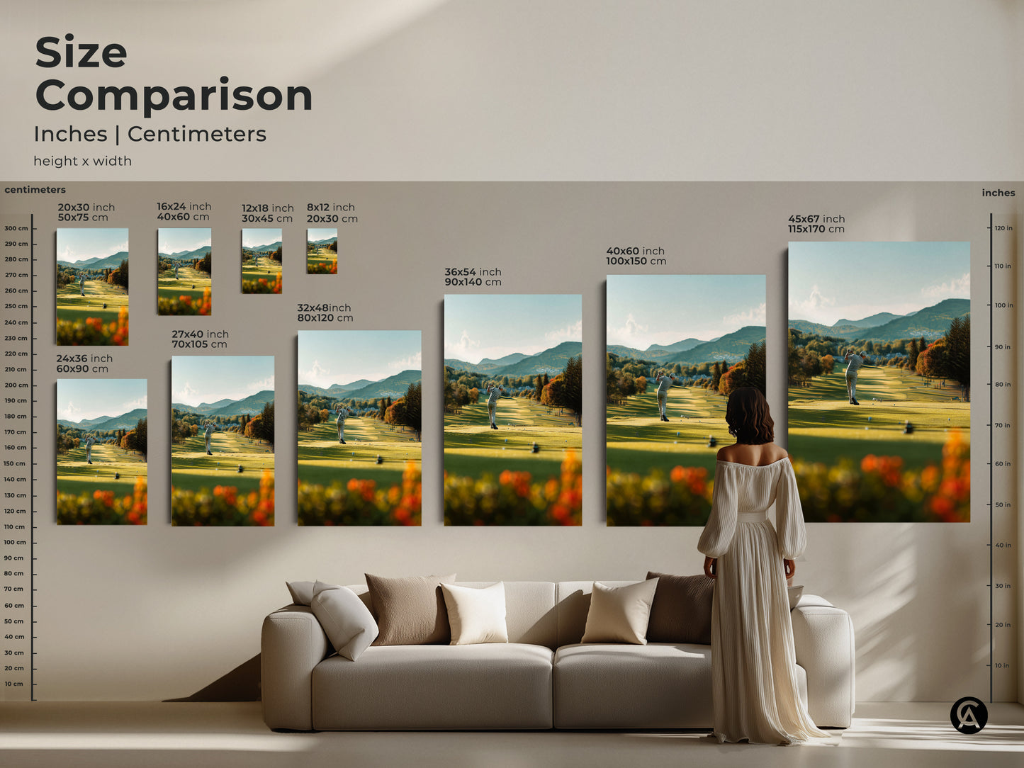 Compare sizes of golf course art prints. See how each artwork size transforms your living room. Choose the perfect dimensions to create a stunning focal point above your sofa. Explore canvas and poster options to enhance your home decor with this beautiful landscape art.