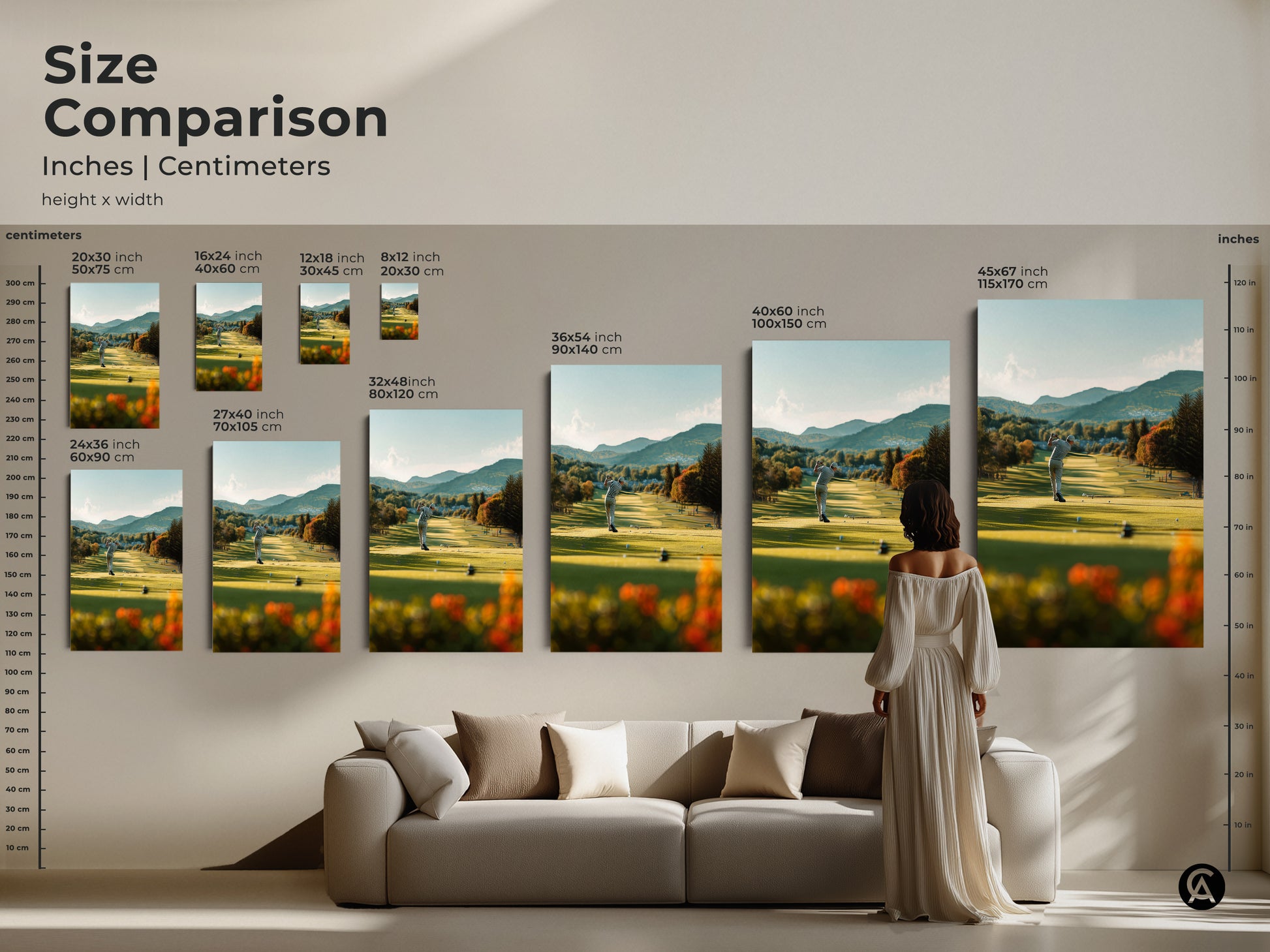 Compare sizes of golf course art prints. See how each artwork size transforms your living room. Choose the perfect dimensions to create a stunning focal point above your sofa. Explore canvas and poster options to enhance your home decor with this beautiful landscape art.