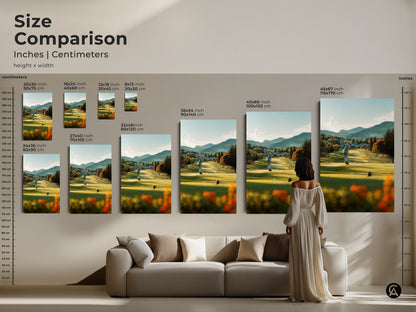 Compare sizes of golf course art prints. See how each artwork size transforms your living room. Choose the perfect dimensions to create a stunning focal point above your sofa. Explore canvas and poster options to enhance your home decor with this beautiful landscape art.