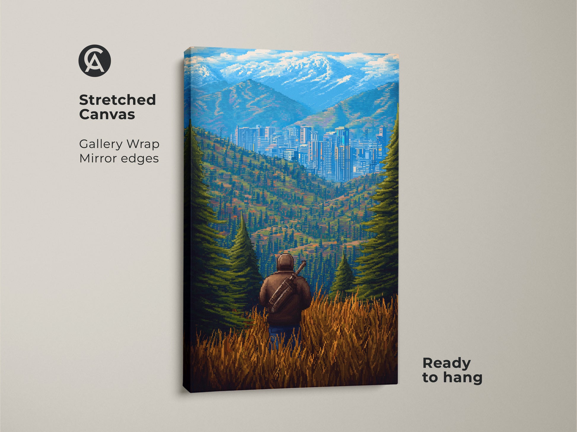 Stretched canvas showcasing pixel art of a city nestled in mountains. This retro mountain landscape art has gallery wrapped edges. The modern office wall art is ready to hang. It's a unique gift for travelers who appreciate digital art.