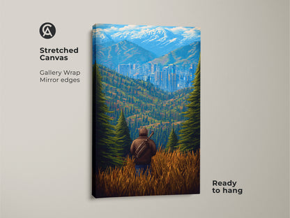Stretched canvas showcasing pixel art of a city nestled in mountains. This retro mountain landscape art has gallery wrapped edges. The modern office wall art is ready to hang. It's a unique gift for travelers who appreciate digital art.