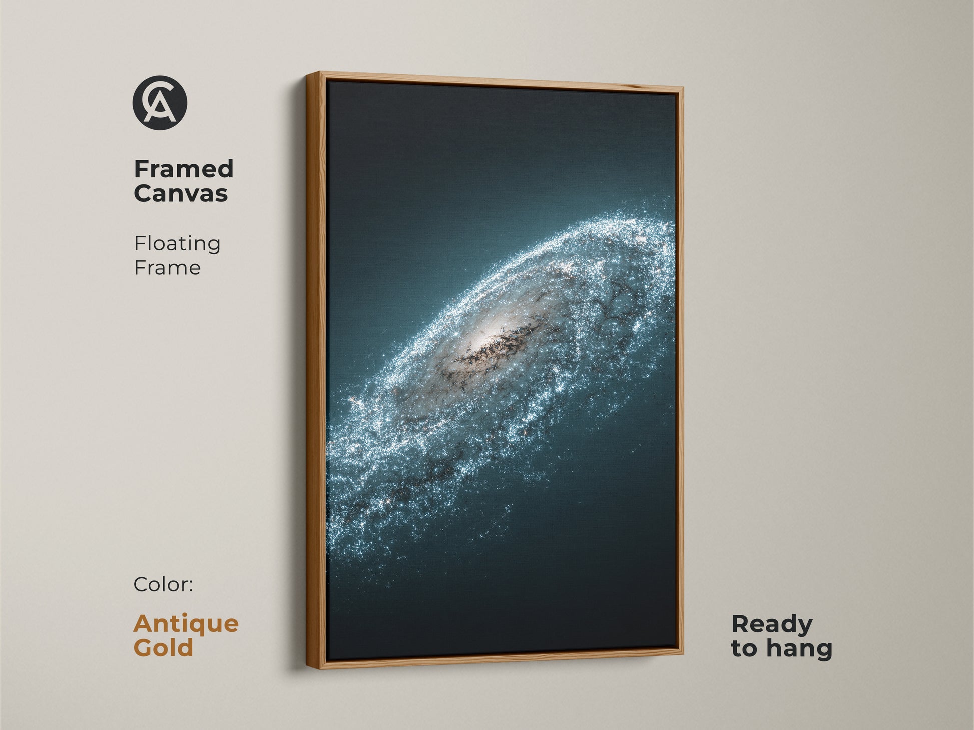 Framed Canvas displaying the Andromeda galaxy with an antique gold floating frame. This deep space blue wall art enhances any room. Starry white nebula print a unique astronomical art canvas.