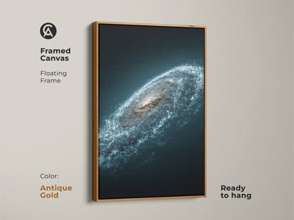 Framed Canvas displaying the Andromeda galaxy with an antique gold floating frame. This deep space blue wall art enhances any room. Starry white nebula print a unique astronomical art canvas.