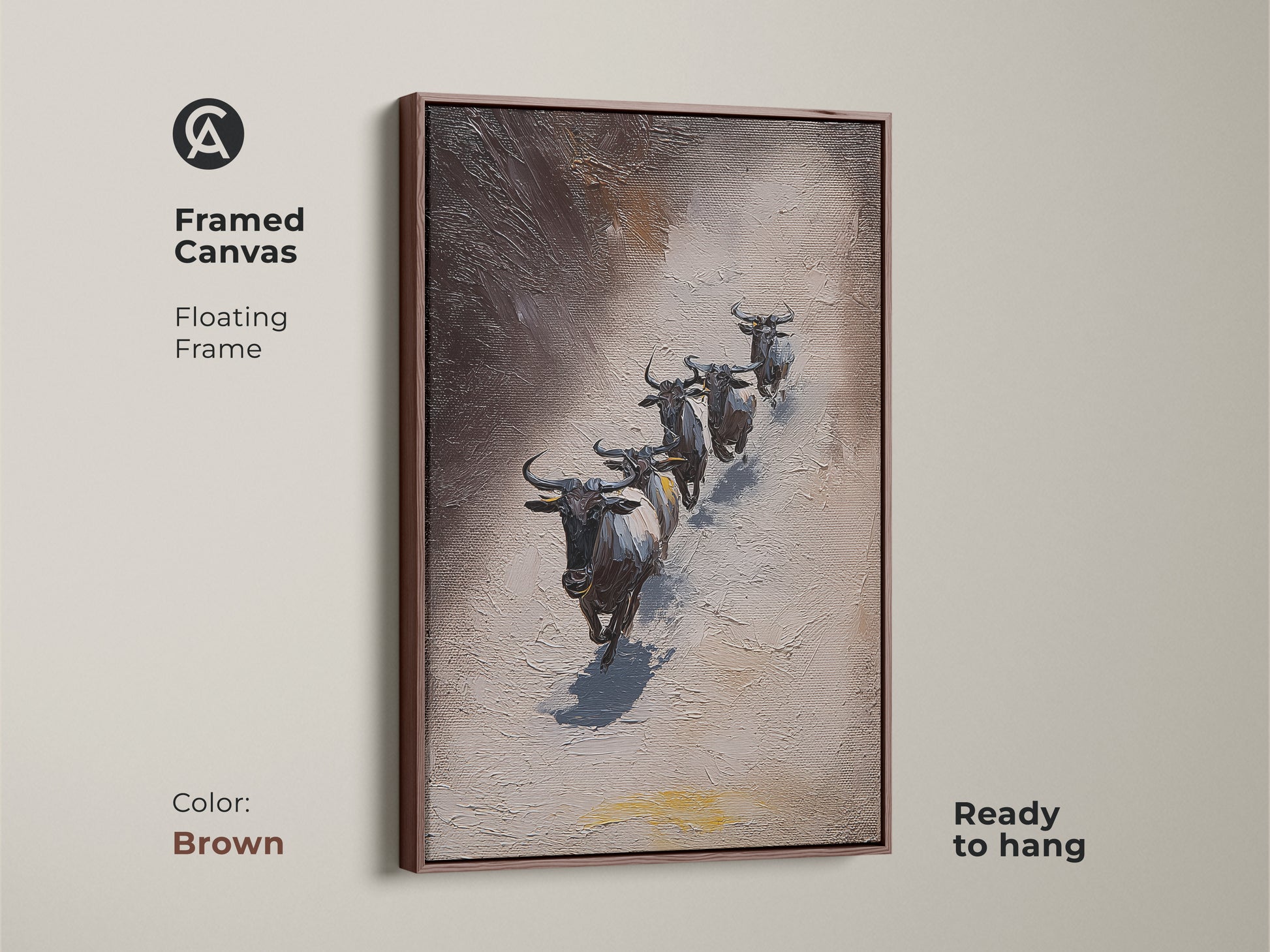 Brown Framed Canvas of Wildebeest art. The textured African wildlife canvas offers an impressionistic view of animals. It uses gray and brown tones for a rustic look. Ready to hang. Ideal for enhancing your home with wildlife-inspired artwork.