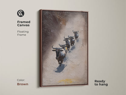 Brown Framed Canvas of Wildebeest art. The textured African wildlife canvas offers an impressionistic view of animals. It uses gray and brown tones for a rustic look. Ready to hang. Ideal for enhancing your home with wildlife-inspired artwork.