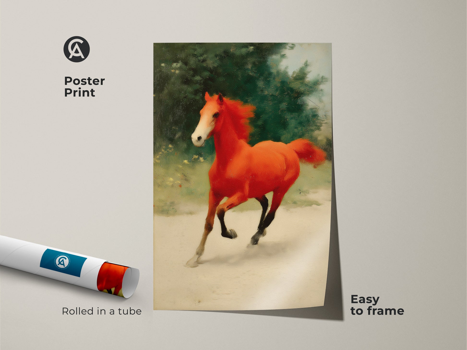Poster print of an expressive galloping orange horse. The equine artwork is rolled in a tube for easy framing. This vibrant animal art adds a splash of color. It is perfect for eclectic homes and horse lovers. A unique equestrian art piece.