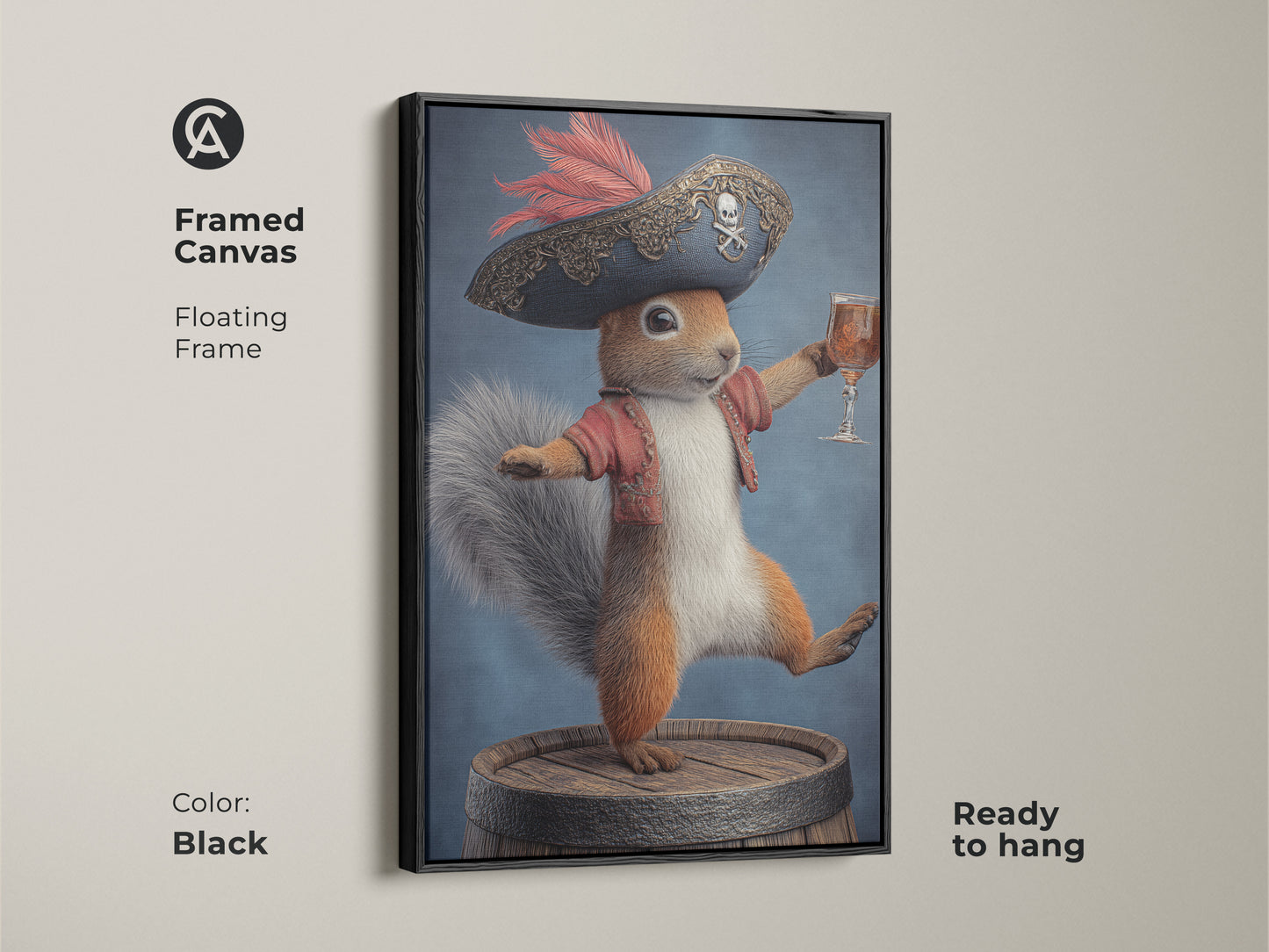 Framed canvas art featuring a pirate squirrel. The floating frame enhances this fantasy animal print. This whimsical artwork showcases a squirrel in a pirate costume holding a drink. It adds an eclectic touch to any wall. Ready to hang for easy display. Color Black.