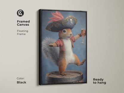 Framed canvas art featuring a pirate squirrel. The floating frame enhances this fantasy animal print. This whimsical artwork showcases a squirrel in a pirate costume holding a drink. It adds an eclectic touch to any wall. Ready to hang for easy display. Color Black.