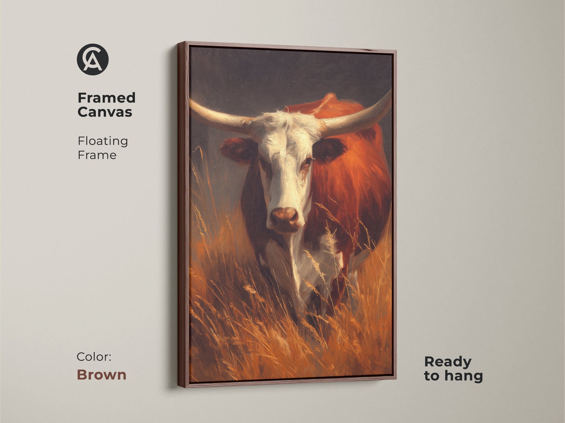 Framed canvas art showcasing a longhorn bull. The floating frame is brown. This animal artwork is ready to hang. Decorate your space with framed art from our collection today.