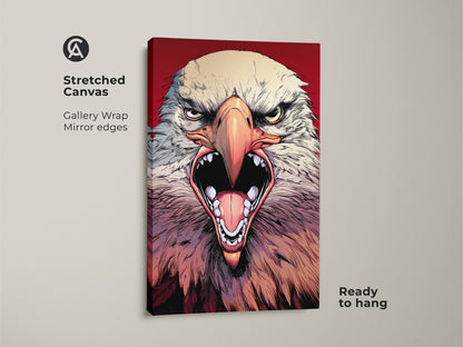 This fierce eagle canvas print uses a bold comic style. This wildlife art is perfect for a man cave. This patriot wall art gift is modern animal canvas. It is Eagle bird artwork ready to hang.