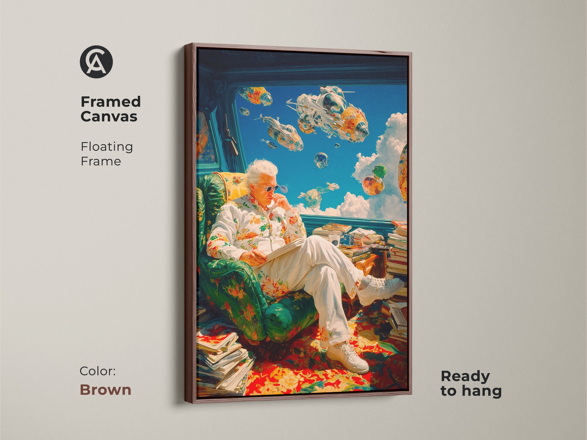 Framed canvas art featuring a man reading in a floral shirt. Futuristic vehicles are seen outside the window. The artwork has a brown floating frame. It is ready to hang and enjoy. Bring a touch of surreal art to your home today.