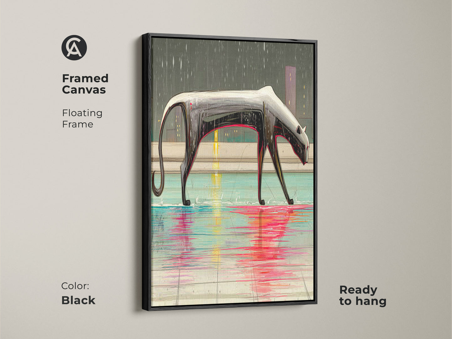 Framed canvas art featuring a surreal panther in a black floating frame. The contemporary animal art is ready to hang. See the teal crimson wall decor blending abstract and modern styles. A perfect addition to any art collection.
