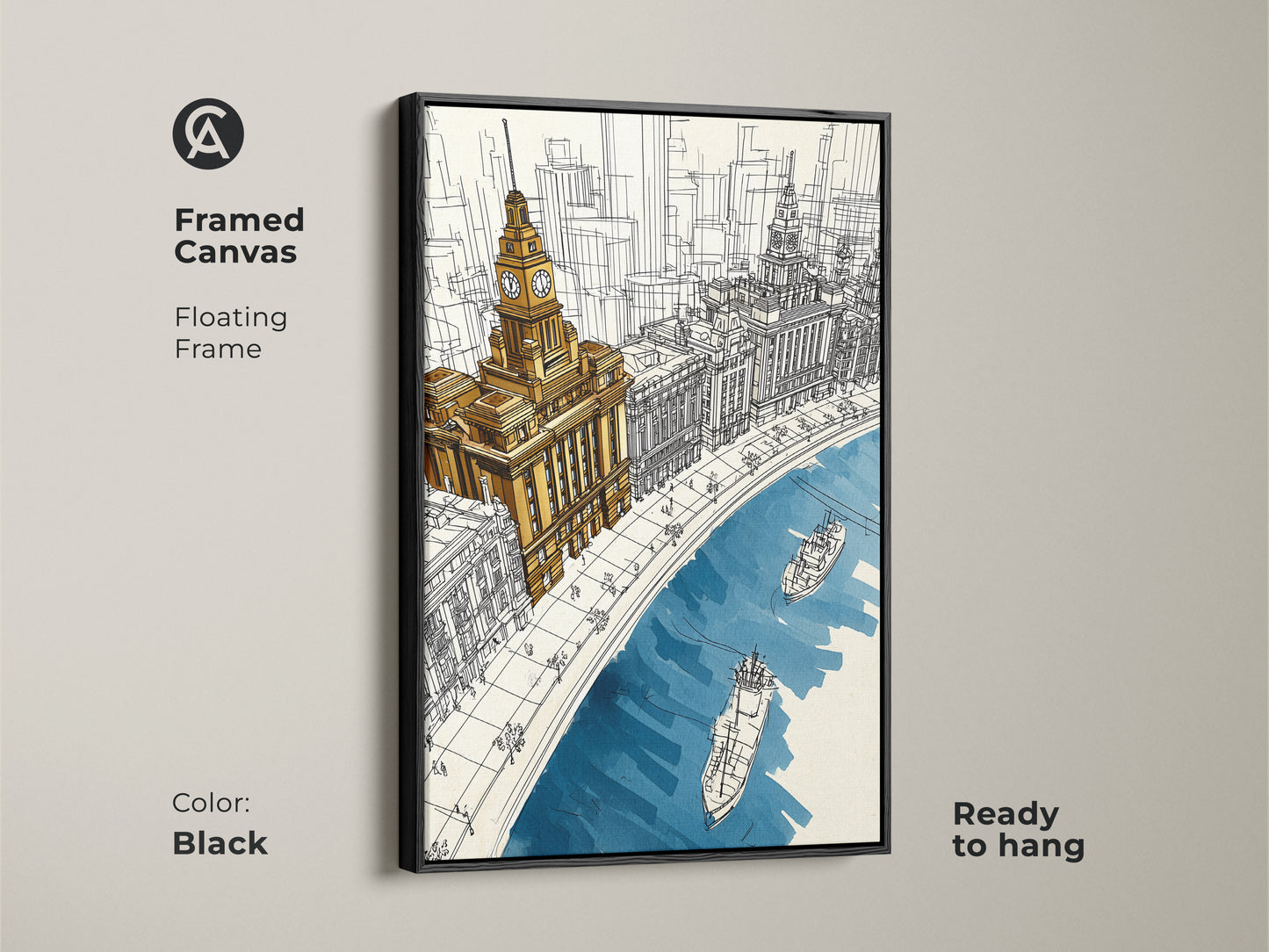 Framed canvas of a cityscape with a black floating frame. Features golden yellow and deep blue architecture line art. This contemporary sketch adds a sophisticated touch to any space. Ready to hang.
