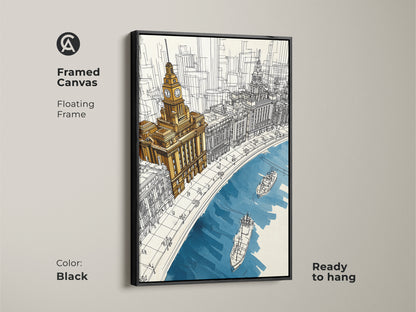 Framed canvas of a cityscape with a black floating frame. Features golden yellow and deep blue architecture line art. This contemporary sketch adds a sophisticated touch to any space. Ready to hang.
