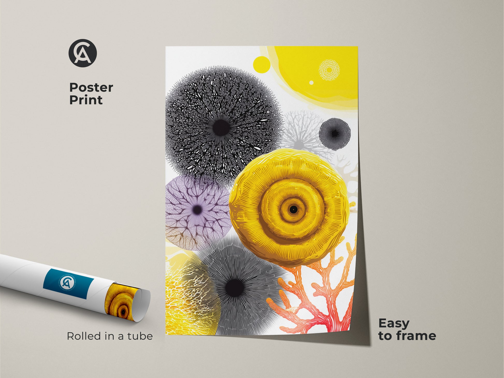 This abstract botanical art print comes as a poster. The yellow and coral canvas features purple abstract elements. The artwork is rolled in a tube for easy framing. Great gift for ocean lovers.