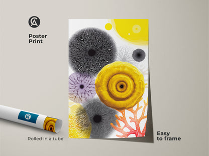 This abstract botanical art print comes as a poster. The yellow and coral canvas features purple abstract elements. The artwork is rolled in a tube for easy framing. Great gift for ocean lovers.
