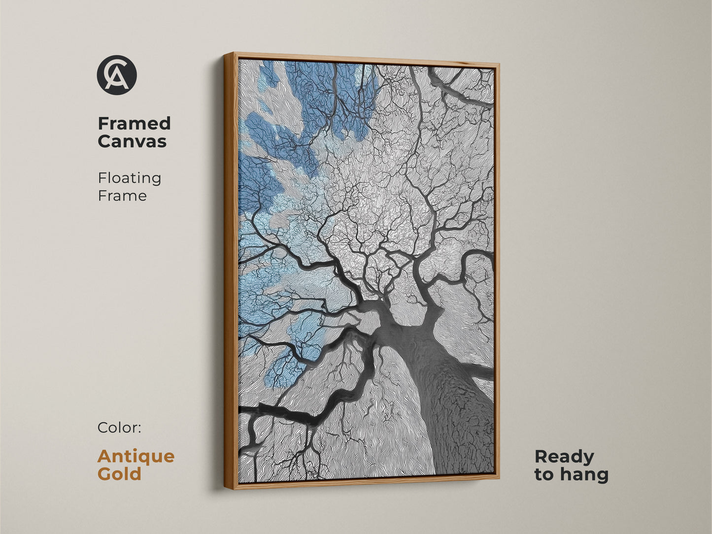 Modern canvas in an antique gold frame featuring an abstract tree. Blue hues and line art create a sophisticated print. This oak tree artwork is perfect for any room. Ready to hang this canvas makes a great housewarming gift. The floating frame adds a touch of elegance to this minimalist art.