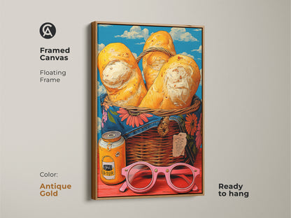 Framed canvas with floating antique gold frame features pop art bread. The retro jam jar and pink sunglasses create an eye-catching eclectic still life. The yellow blue orange colors pop on the canvas. Perfect for a unique kitchen or cafe wall decor piece.