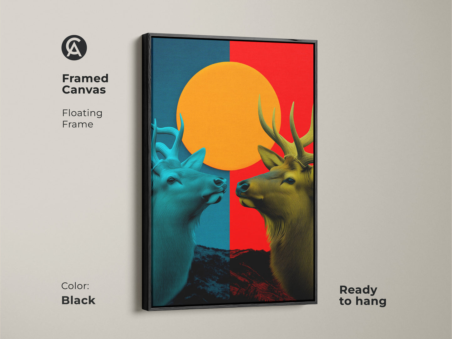 Framed canvas of Geometric Elk artwork with floating frame. The modern wall decor uses red blue orange. The abstract animal print is ready to hang making a bold statement.