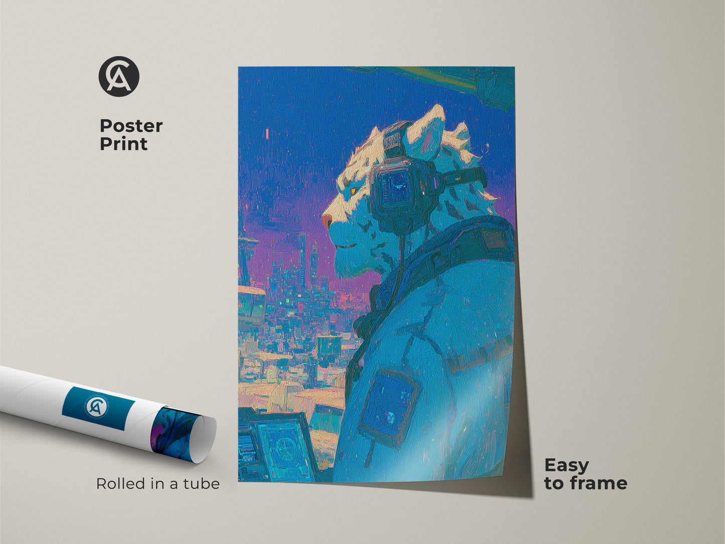 Add a touch of futuristic charm to your decor with this poster print. It features a cyberpunk snow leopard wearing headphones gazing over a vibrant cityscape. Easy to frame this museum-quality paper art piece. Rolled in a tube for safe delivery.