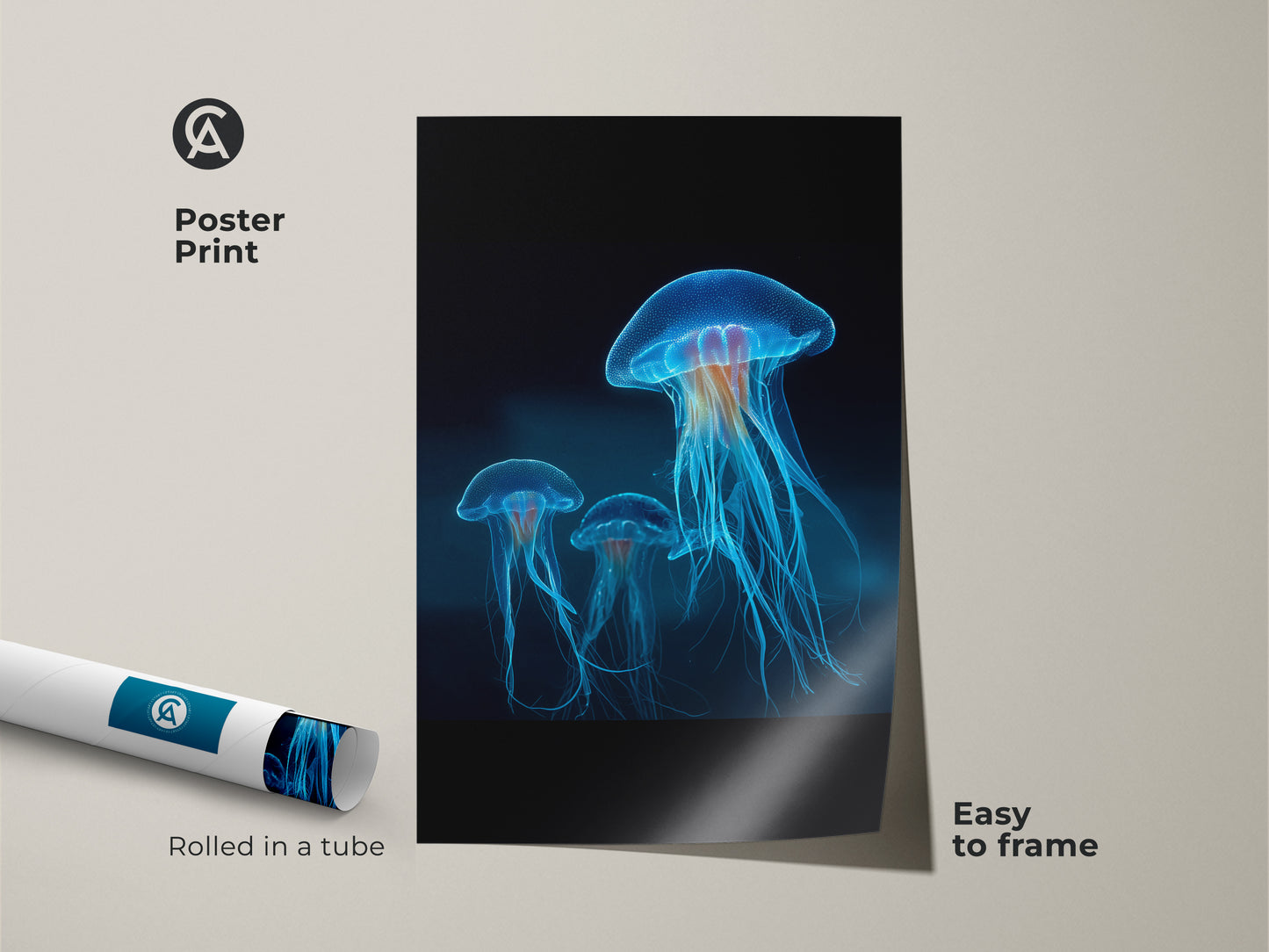This rolled poster print showcases bioluminescent jellyfish. The electric blue ocean artwork is easy to frame. It's a modern abstract artwork that captures the ethereal blue jellyfish art.