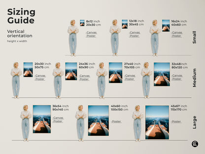 Discover the perfect size with our sizing guide for the ocean yacht wake canvas print. See how the coastal nautical wall art fits in various spaces. The deep blue seascape enhances any room's decor. Available in vertical orientations. Find a thoughtful housewarming gift idea for boat owners. The modern nautical decor is perfect for any home.