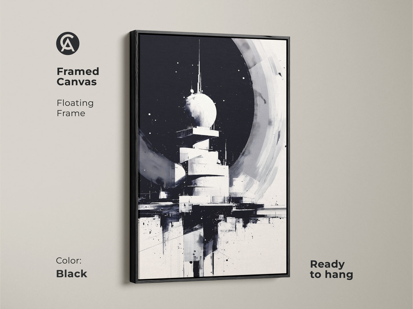 Black Framed Canvas with Floating Frame. This Monochrome Cityscape Artwork showcases a futuristic tower. The Black & White art creates a modern office decor or a contemporary home art display. Ready to hang.