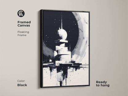 Black Framed Canvas with Floating Frame. This Monochrome Cityscape Artwork showcases a futuristic tower. The Black & White art creates a modern office decor or a contemporary home art display. Ready to hang.