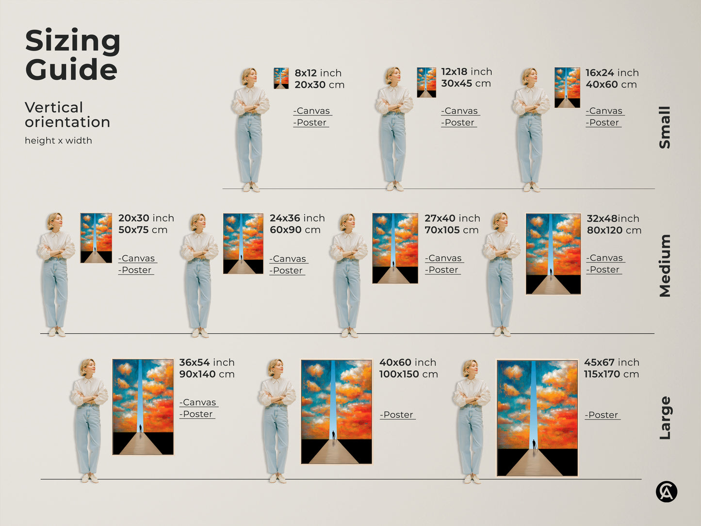 Sizing guide for vertical surreal cloudscape canvas or poster. See small medium and large sizes. Visualize the abstract path wall art with a dreamer silhouette. Find the perfect fit for your space.