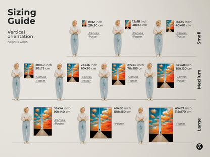Sizing guide for vertical surreal cloudscape canvas or poster. See small medium and large sizes. Visualize the abstract path wall art with a dreamer silhouette. Find the perfect fit for your space.