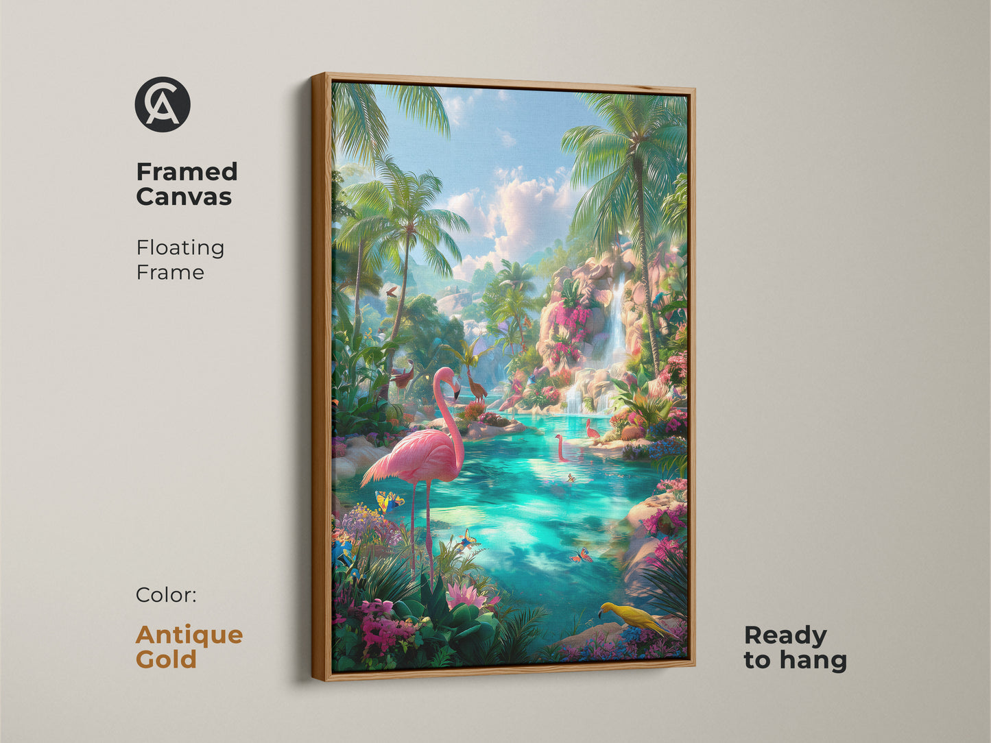 Antique gold framed canvas of a tropical lagoon. The floating frame adds elegance. The artwork displays pink flamingos in a vibrant blue lagoon. It is ready to hang. Palm trees and a waterfall complete the scene. The antique gold frame enhances the artwork's beauty.