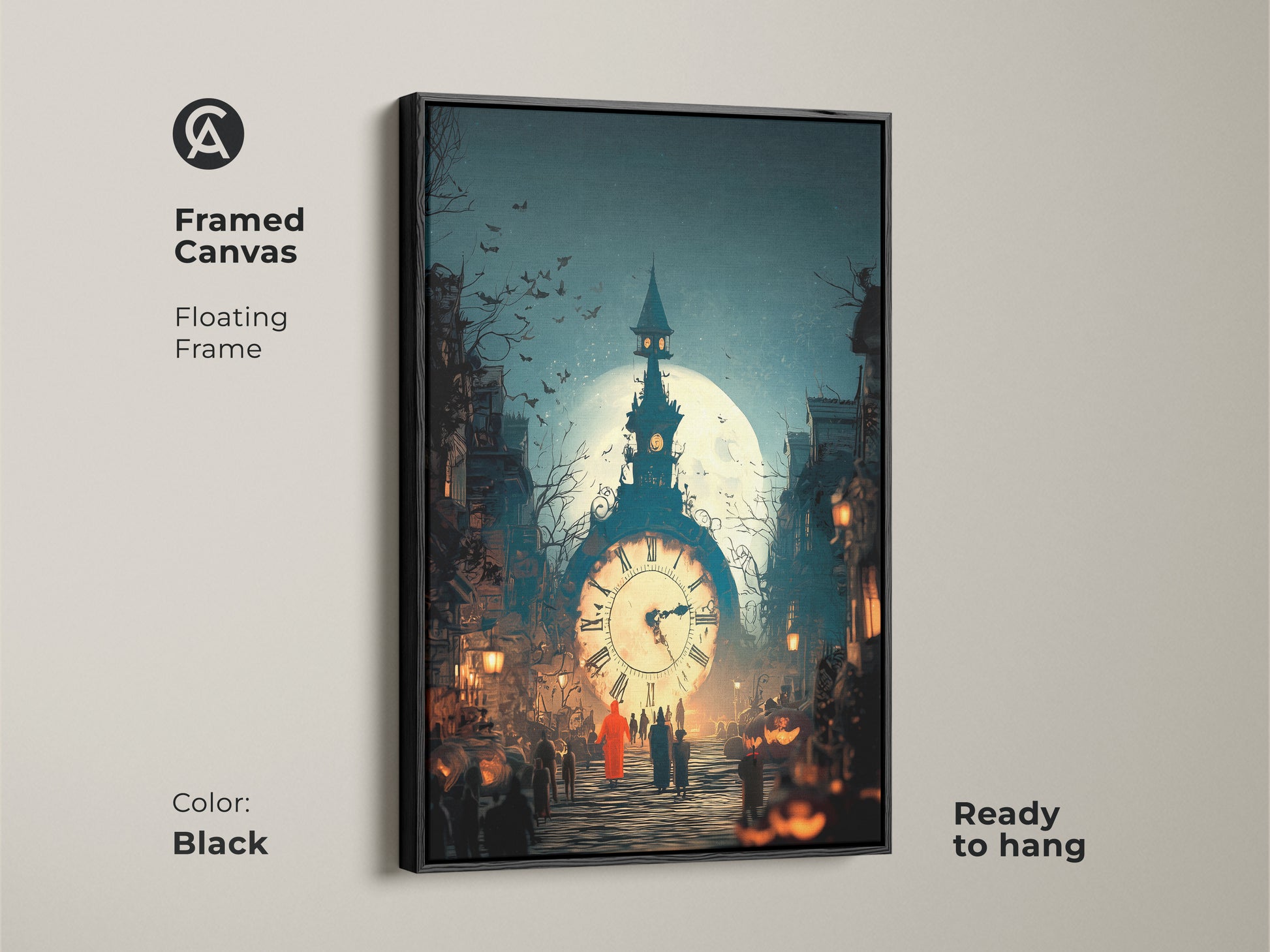 Framed canvas showing Gothic Clock Tower artwork. The fantasy art is ideal for study room. See the dark blue and orange hues. The teal accents enhance gothic decor. A spooky season art print. This office fantasy wall decor is ready to hang.