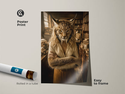Poster print of a lynx in gold glasses and scholarly attire rolled in a tube. An eclectic addition to any bookworm's decor. This animal portrait canvas is easy to frame for study decor.
