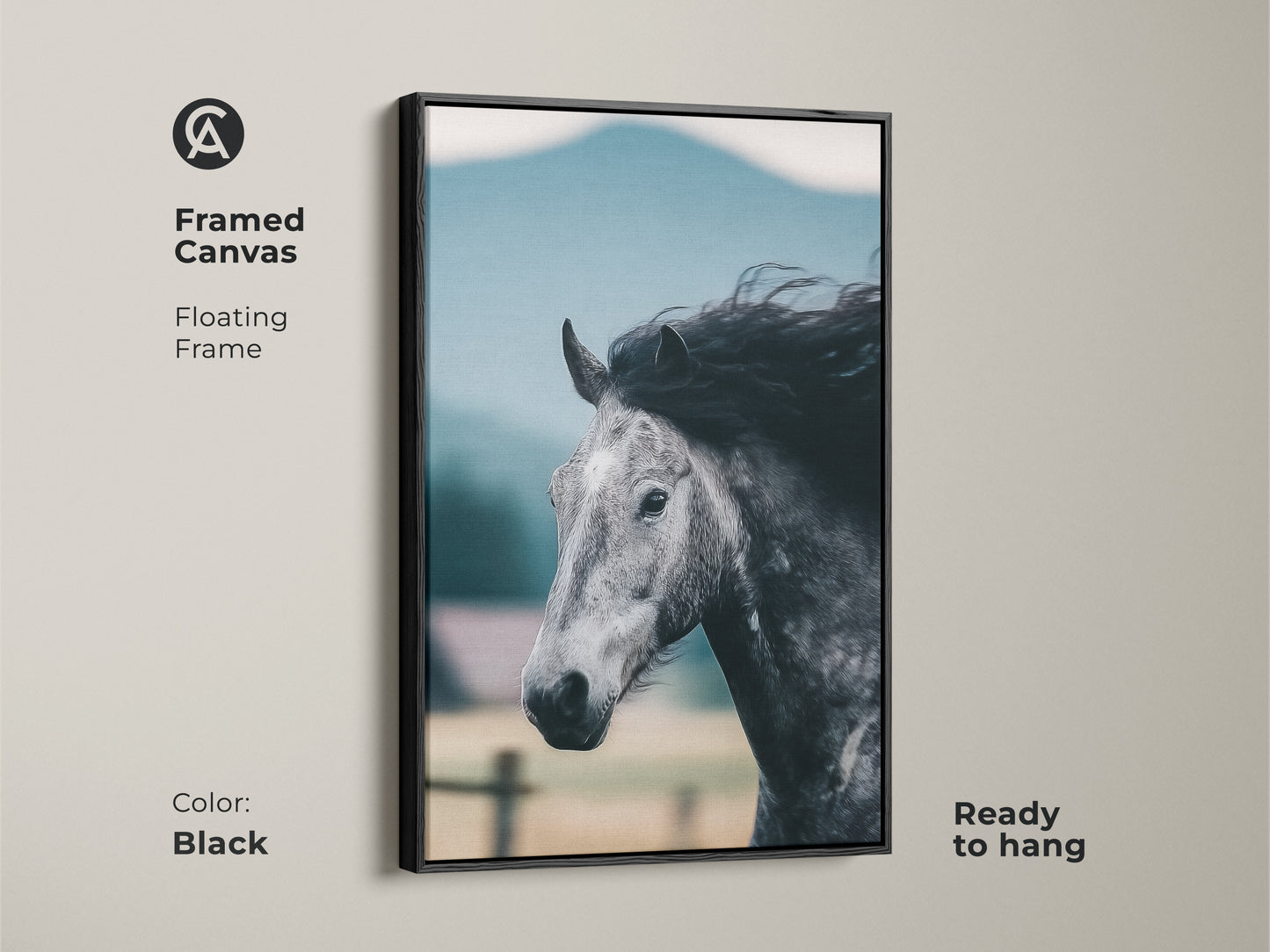 Framed in black this canvas of a monochrome horse is ready to hang. The floating frame enhances the rustic horse artwork. A unique gift for equestrians bringing equine elegance to any space.