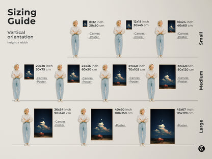 Discover the ideal size for your surreal grand piano canvas print. This sizing guide shows vertical orientations for canvas and posters. Find the perfect fit for your eclectic bedroom wall. Sizes range from small to large. It is a unique gift for musicians.
