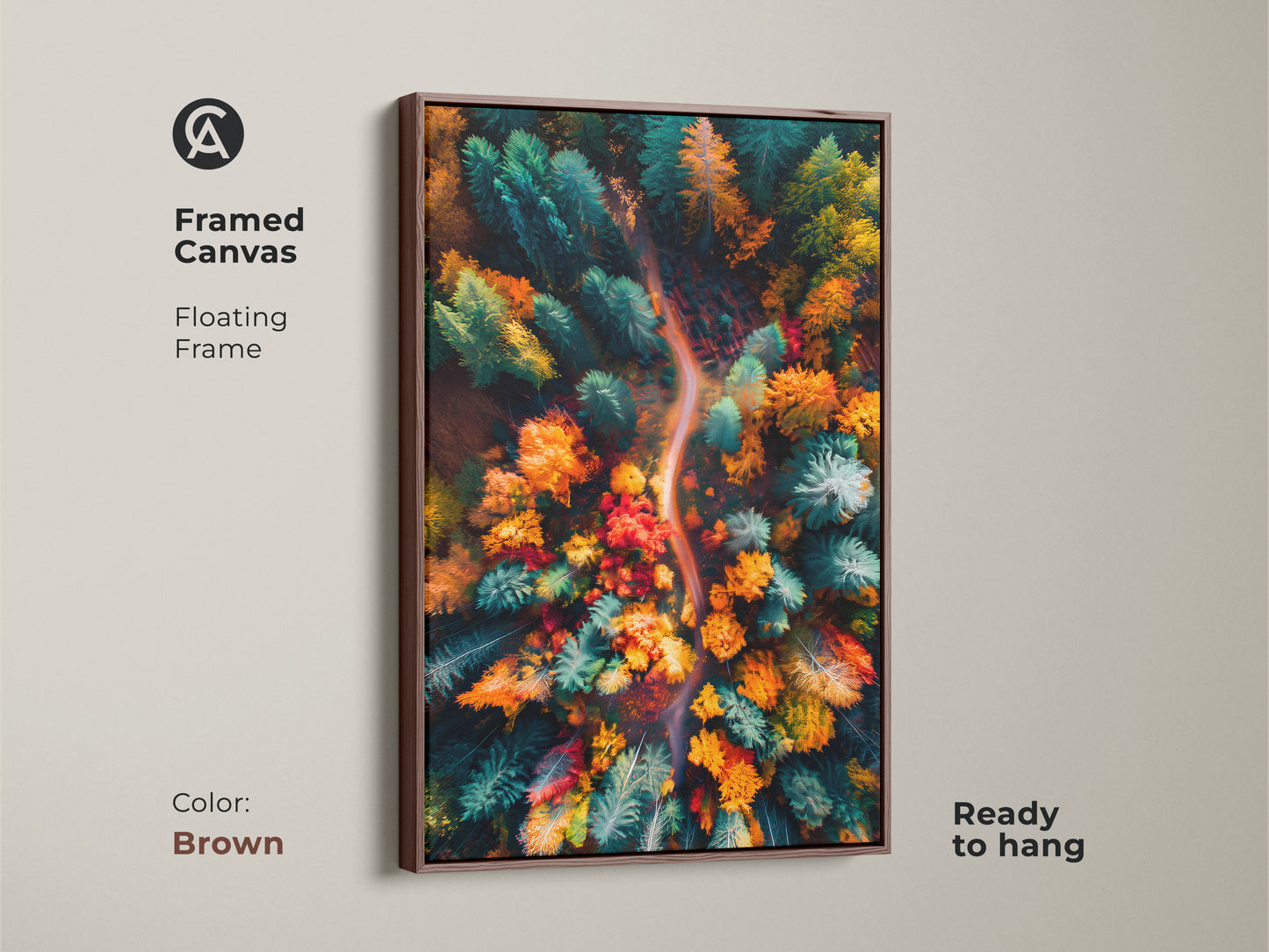 Framed canvas of an aerial autumn forest. This beautiful landscape art is showcased in a brown floating frame. The warm tones of the forest complement the frame. Ready to hang and adds a touch of nature to your space.