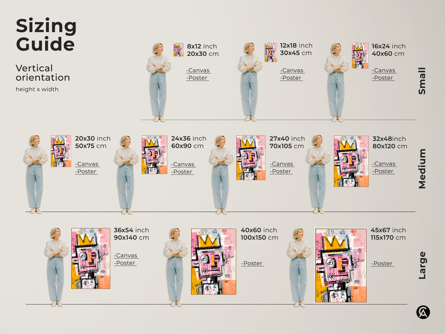 Sizing guide for vertical abstract artwork. Find canvas and poster options in small medium and large sizes. This modern art fits various spaces and decor needs. It is easy to find the right size.