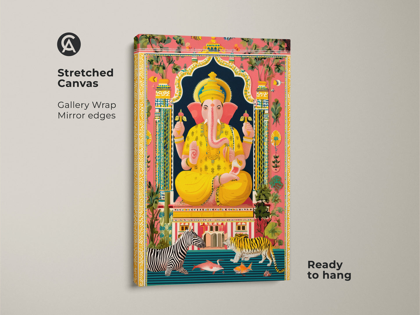 Stretched canvas Spiritual Ganesha Artwork. The image displays Gallery wrapped Spiritual Ganesha Wall Art. It features mirrored edges. It is ready to hang. The artwork displays a vibrant palette of yellow blue pink folk art