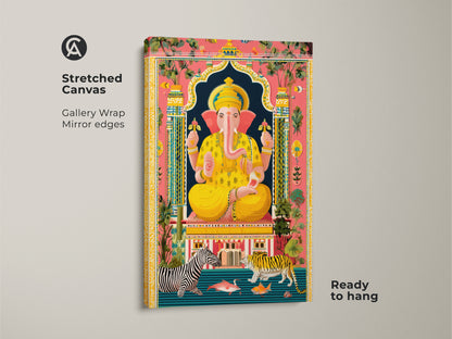 Stretched canvas Spiritual Ganesha Artwork. The image displays Gallery wrapped Spiritual Ganesha Wall Art. It features mirrored edges. It is ready to hang. The artwork displays a vibrant palette of yellow blue pink folk art