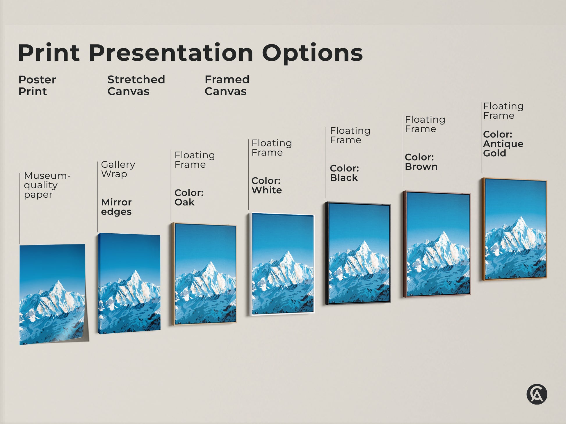 Explore print presentation options for snowy mountain art. Options include poster prints stretched canvas and framed canvas. Choose from floating frame colors oak white black brown and antique gold. Museum-quality paper and gallery wrap are shown.