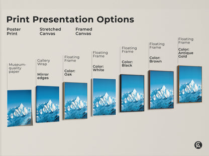 Explore print presentation options for snowy mountain art. Options include poster prints stretched canvas and framed canvas. Choose from floating frame colors oak white black brown and antique gold. Museum-quality paper and gallery wrap are shown.