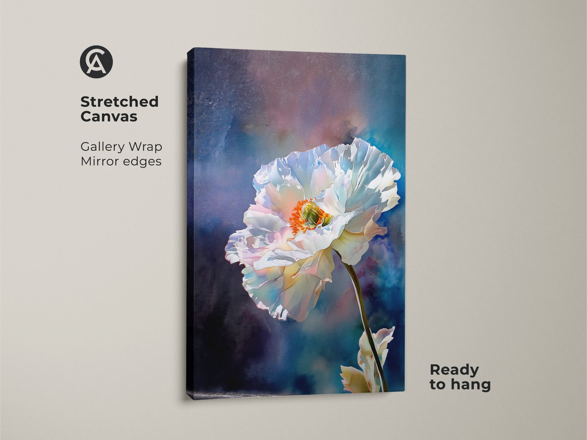 Stretched Canvas featuring White Poppy Art. The botanical floral wall art has a vibrant orange center. The abstract nature artwork is ready to hang with gallery wrapped mirror edges. Perfect bedroom wall decor.