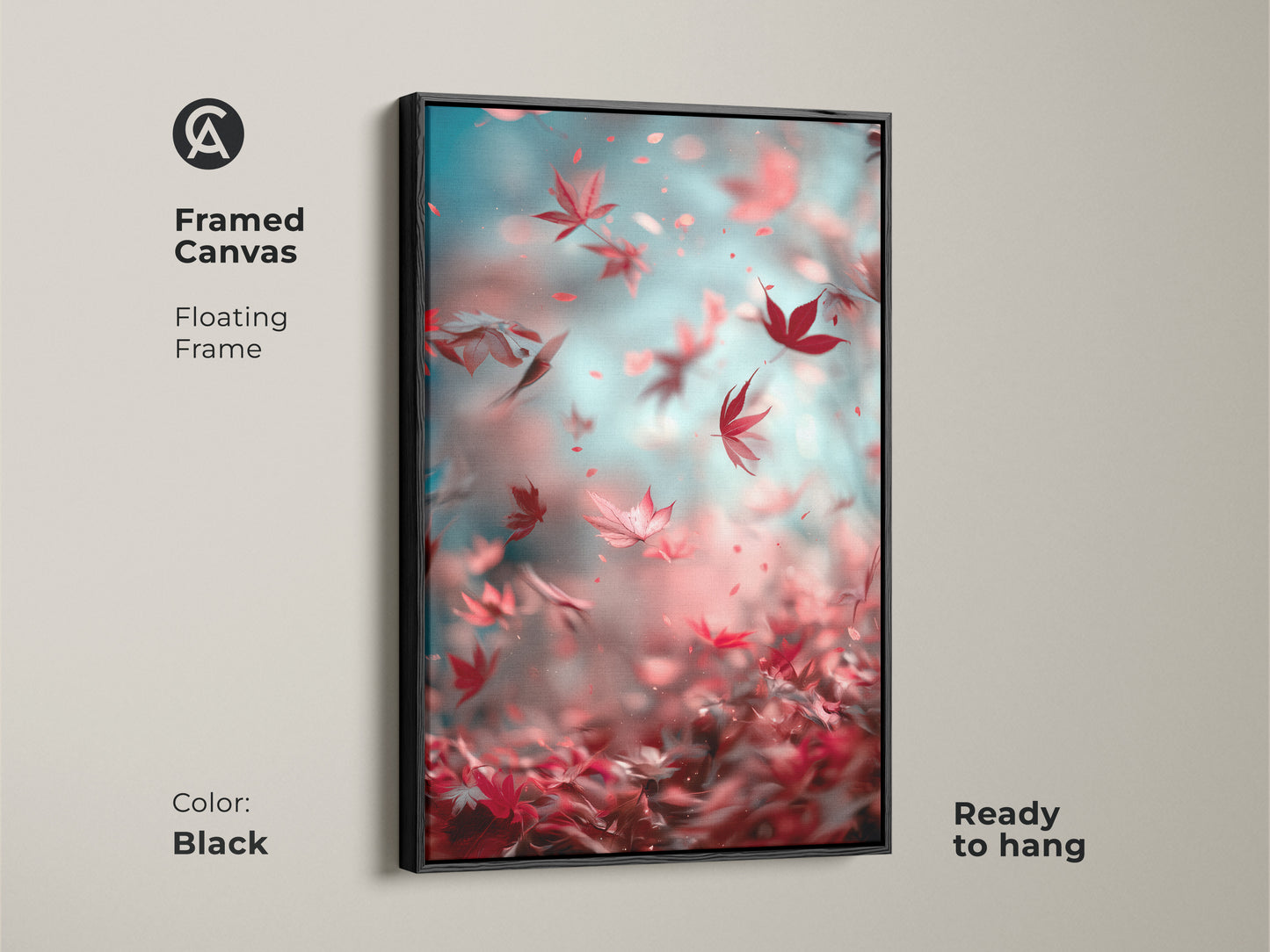 Framed canvas art with falling maple leaves and a black floating frame. Ready to hang for simple setup. Perfect for adding a touch of nature to your home. A stylish piece of wall art for any room. Enjoy the calming beauty of this artwork.