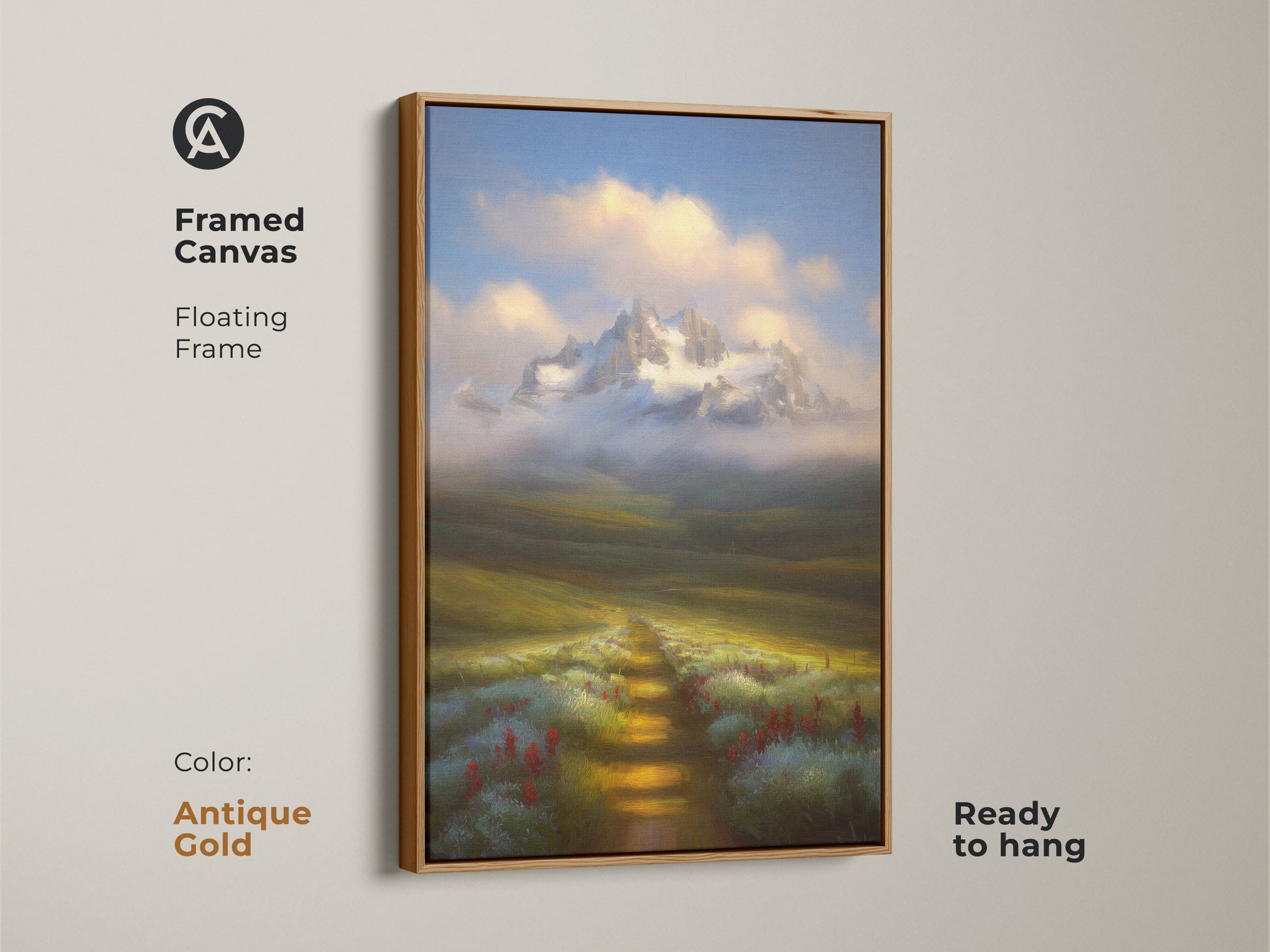 Framed canvas print with an antique gold floating frame showcasing a mountain landscape. A wildflower path leads to snowy peaks in this rustic wall art. Ready to hang.