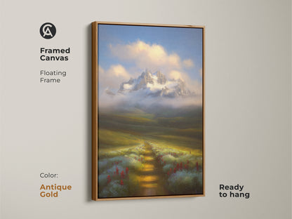 Framed canvas print with an antique gold floating frame showcasing a mountain landscape. A wildflower path leads to snowy peaks in this rustic wall art. Ready to hang.