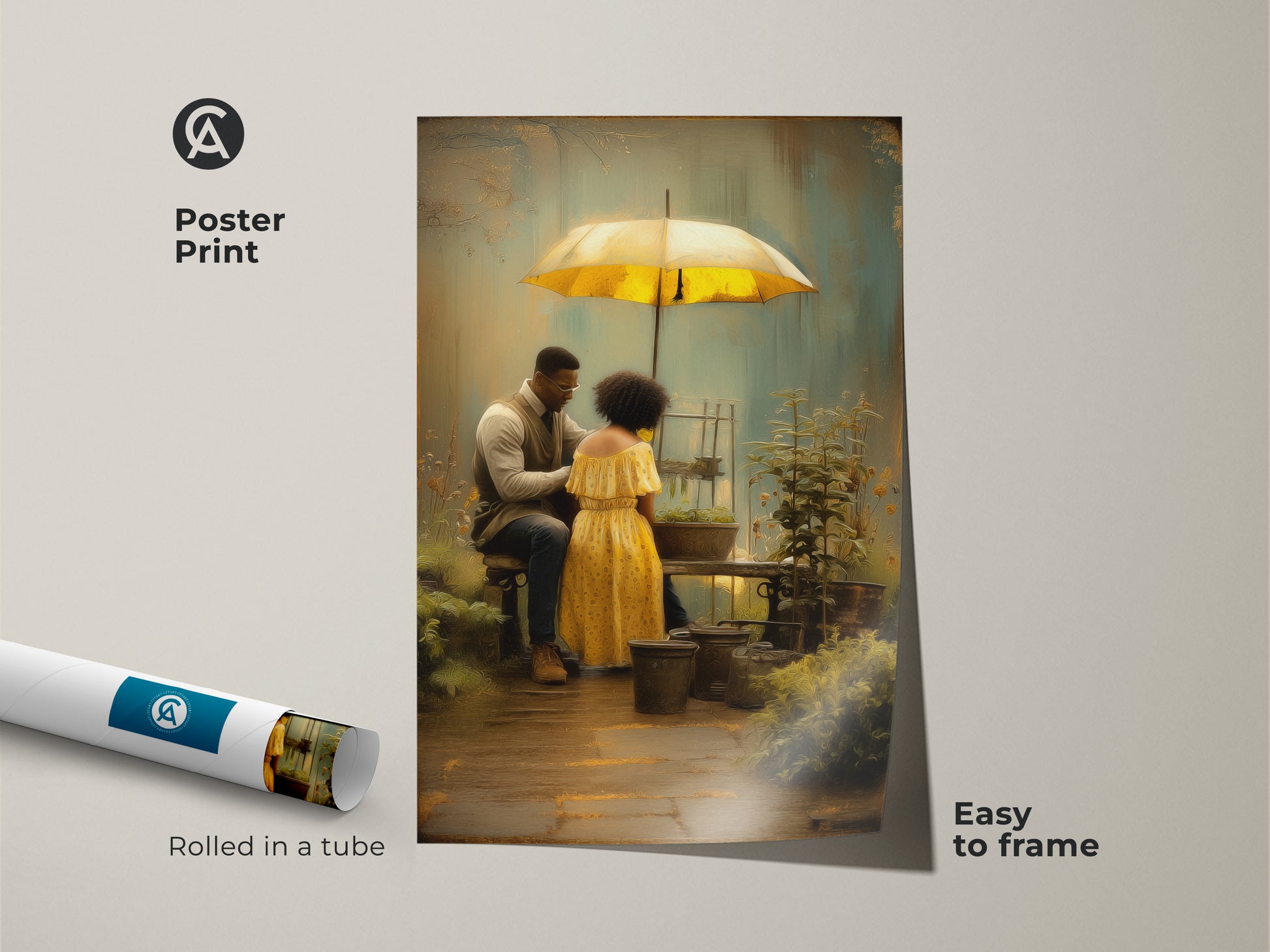 Poster print featuring a romantic couple gardening under a yellow umbrella. The boho style art is easy to frame. Brown green nature art makes a unique anniversary gift for couples. Rolled in a tube this textured wall decor brings a personal touch to any residential space.